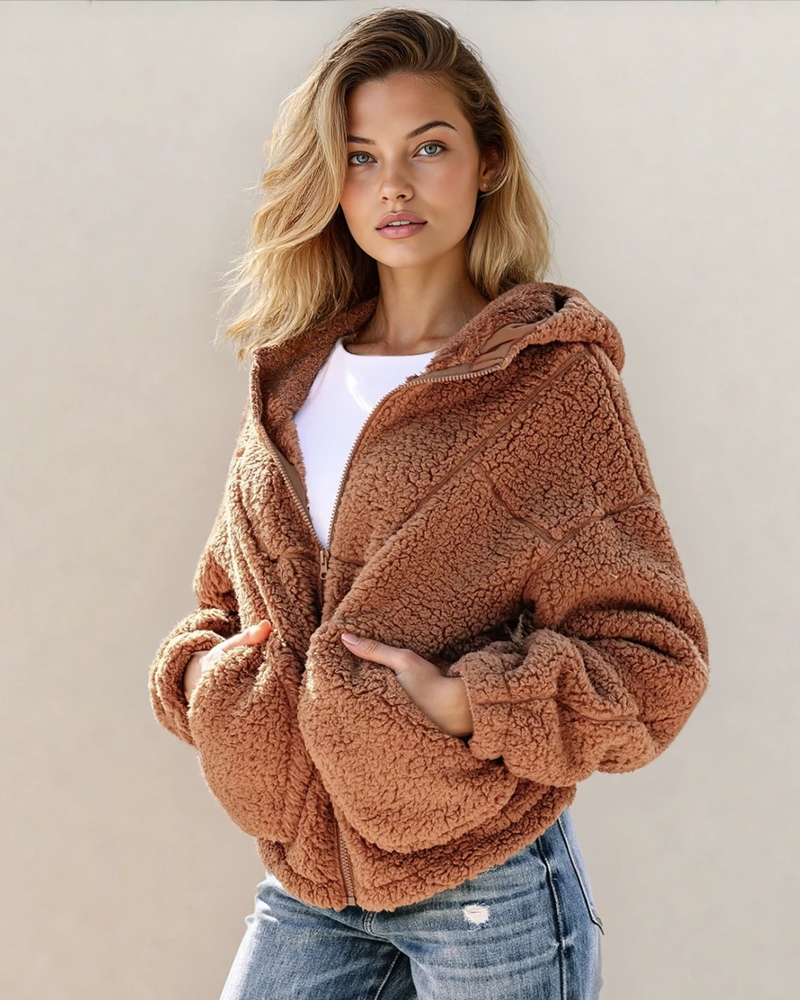 Indie & Co. Corrine Zip Up Hooded Sherpa Jacket with cozy fleece interior and adjustable hood, displayed on a wooden floor background.