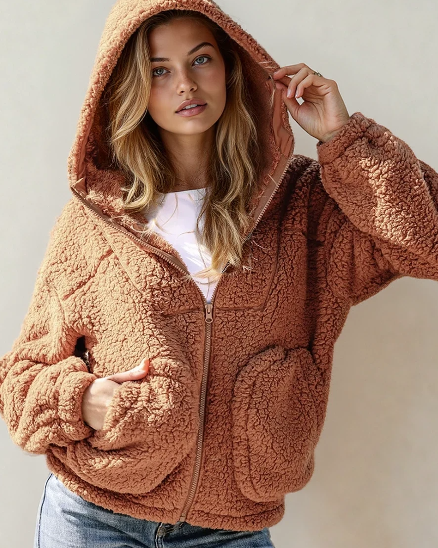 Indie & Co. Corrine zip-up hooded Sherpa jacket featuring a cozy, plush interior and a stylish hood for casual winter wear.