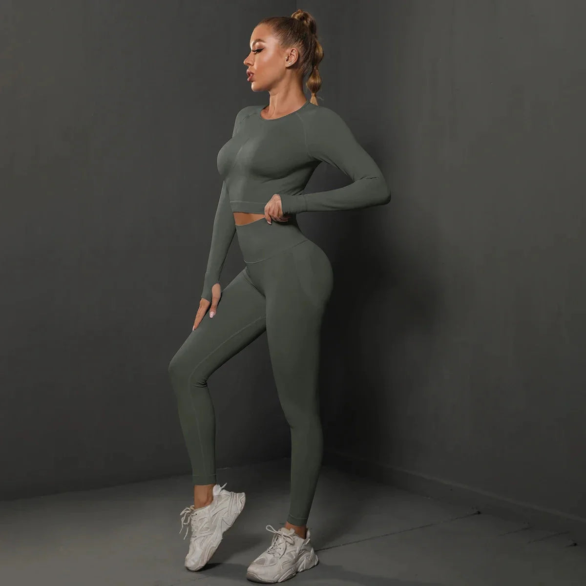 Women's seamless long sleeve yoga top by Plush Fashion Hub, featuring a fitted activewear design in soft, stretchy fabric.