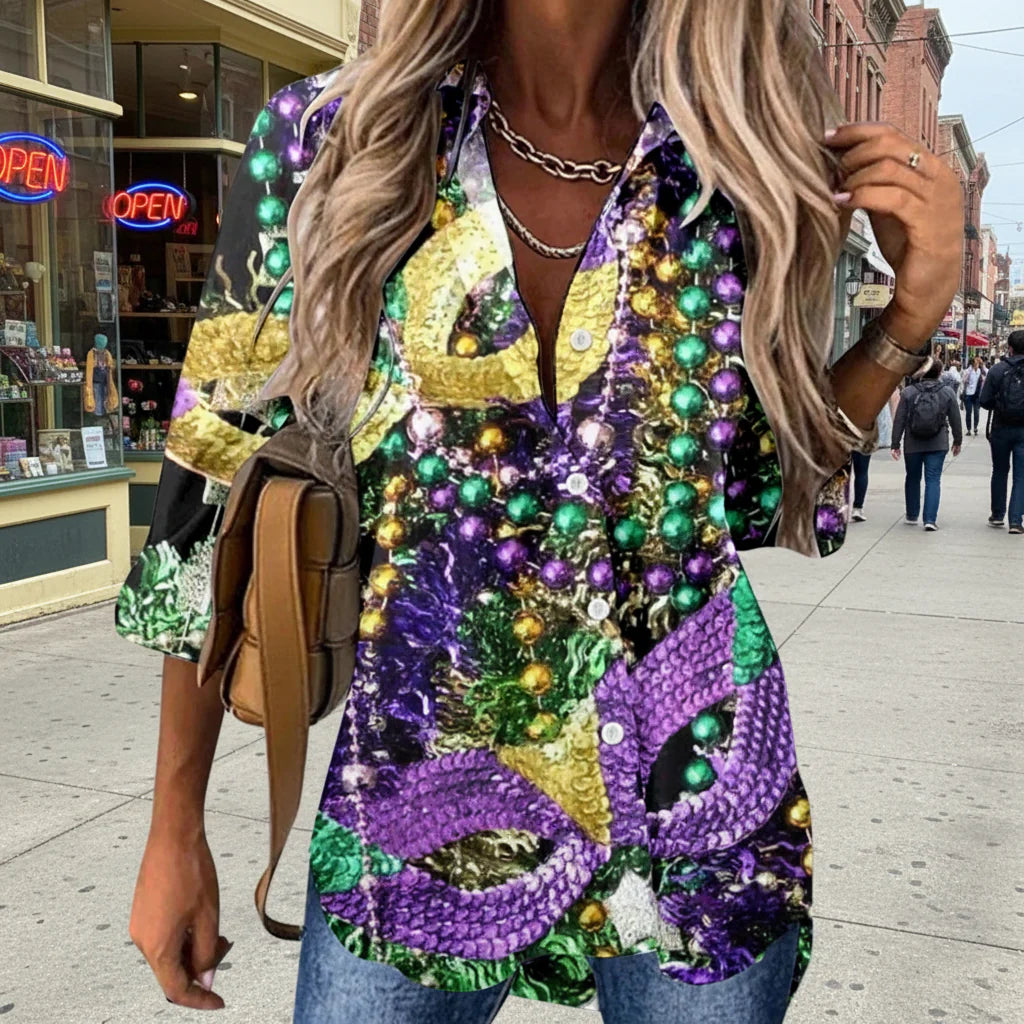 Mardi Gras women's V-neck long sleeve carnival print shirt by FitiqueFit, featuring vibrant festive patterns and casual style.