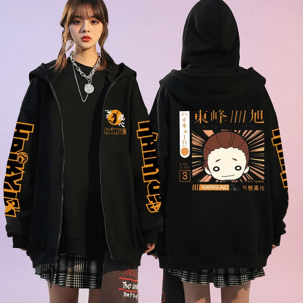 Unisex Haikyuu!! Karasuno High School zip-up hoodie featuring anime streetwear design, black color, and FitiqueFit branding.