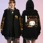 Unisex Haikyuu!! Karasuno High School zip-up hoodie featuring anime streetwear design, black color, and FitiqueFit branding.