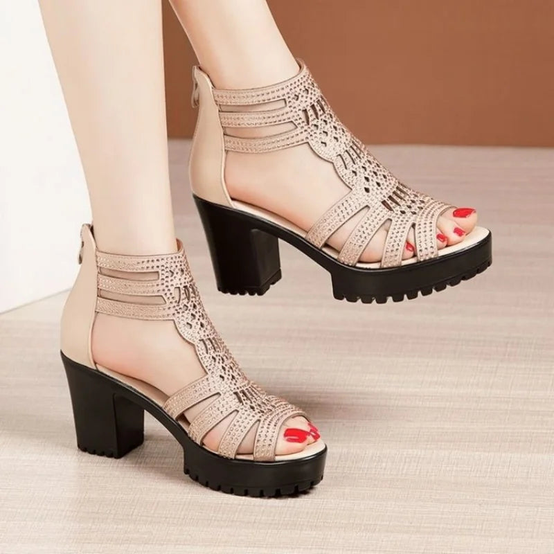 Plush Fashion Hub women's low wedge fish mouth hollow sandals with open toe design and casual style.