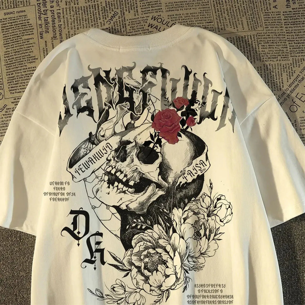 Pure cotton retro skull print T-shirt from FitiqueFit, featuring a bold streetwear design with a classic skull graphic.
