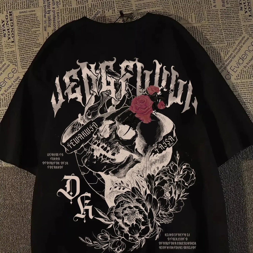 Streetwear cotton t-shirt by FitiqueFit featuring a retro skull print on a black background.