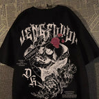 Streetwear cotton t-shirt by FitiqueFit featuring a retro skull print on a black background.