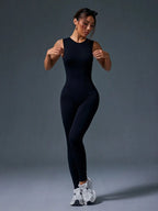 Seamless sleeveless yoga jumpsuit by Plush Fashion Hub featuring zipper closure, ideal for activewear and workout sessions.