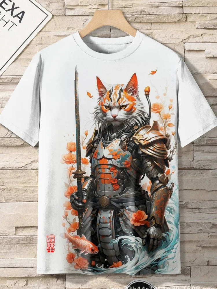 Samurai Cat graphic T-shirt by FitiqueFit featuring Japanese-style 3D print, men's streetwear tee with bold design.