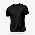 Men's Plush Fashion Hub quick-dry compression activewear shirt, shown in black with moisture-wicking fabric and athletic fit.