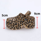 Leopard print thick-bottom clogs for women with closed toe, chunky platform, super high wedge heel, summer 2023 style.
