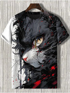 Samurai Cat graphic T-shirt by FitiqueFit featuring Japanese style 3D print, streetwear men's tee with bold cat design.