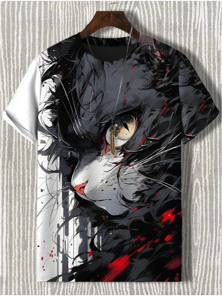 Samurai Cat graphic T-shirt by FitiqueFit featuring Japanese style 3D print, streetwear men's tee with bold cat design.
