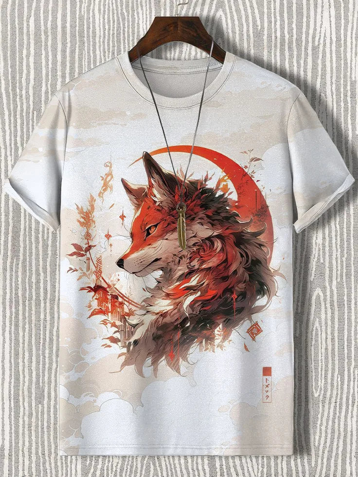 Samurai Cat graphic T-shirt by FitiqueFit, Japanese style streetwear with a 3D print, featuring a fierce cat design on a men's tee.