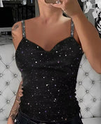 Sparkly sequin V-neck camisole with rhinestone straps by FitiqueFit, perfect for casual wear and evening style.
