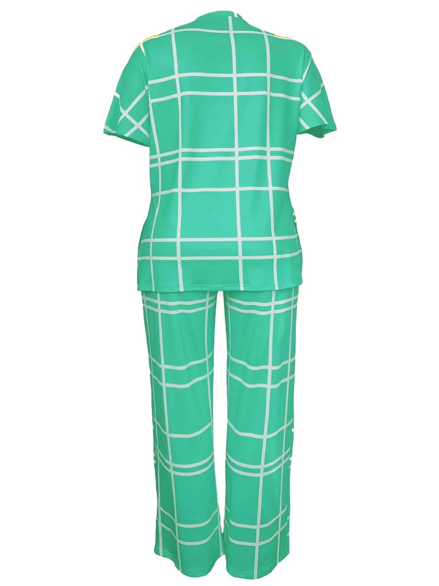 Plus size women's casual two-piece set with striped grid print and round neck from Plush Fashion Hub, featuring a comfortable fit.