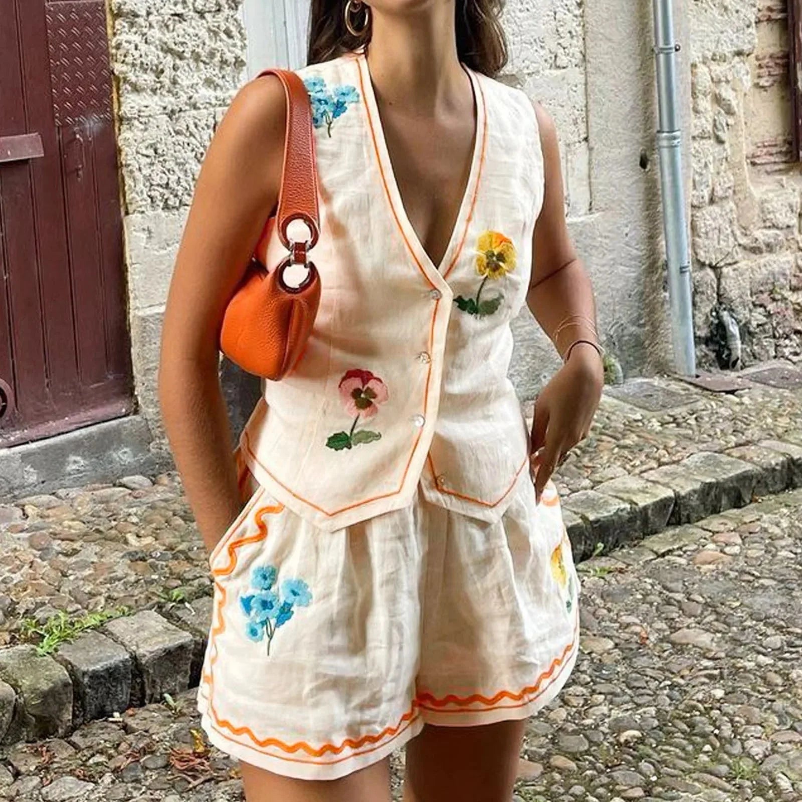 Vintage floral embroidered 2-piece summer casualwear set by Plush Fashion Hub, featuring a floral top and matching skirt.