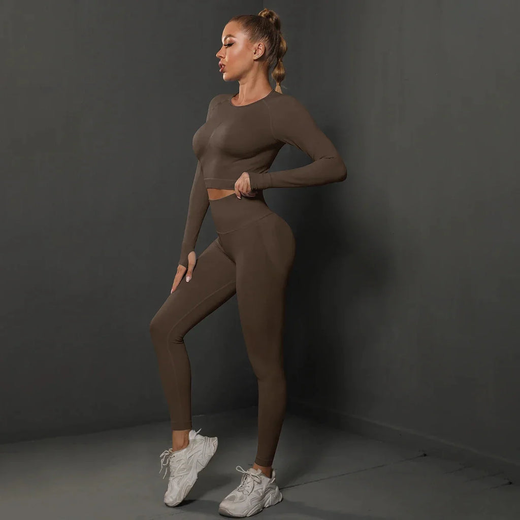 Women's seamless long sleeve yoga top by Plush Fashion Hub, made of stretchy, comfortable activewear fabric for exercise and casual wear.