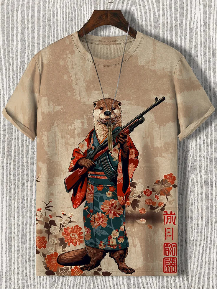 Japanese style Samurai Cat graphic T-shirt by FitiqueFit, featuring a 3D print design on men's streetwear tee.