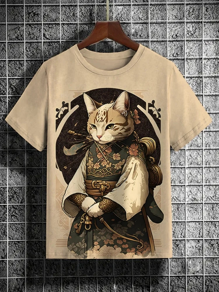 Samurai Cat graphic T-shirt by FitiqueFit featuring Japanese-style 3D print, men's streetwear tee with bold cat design.