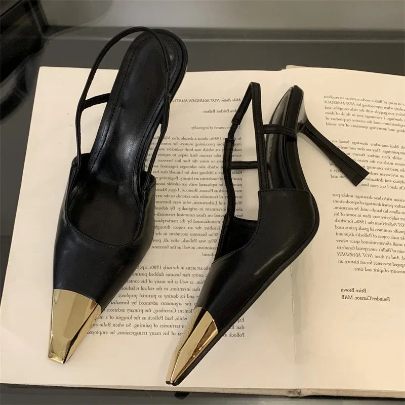 Elegant women’s pointed toe pumps by Plush Fashion Hub featuring high heels, slingback design, perfect for street style and formal occasions.