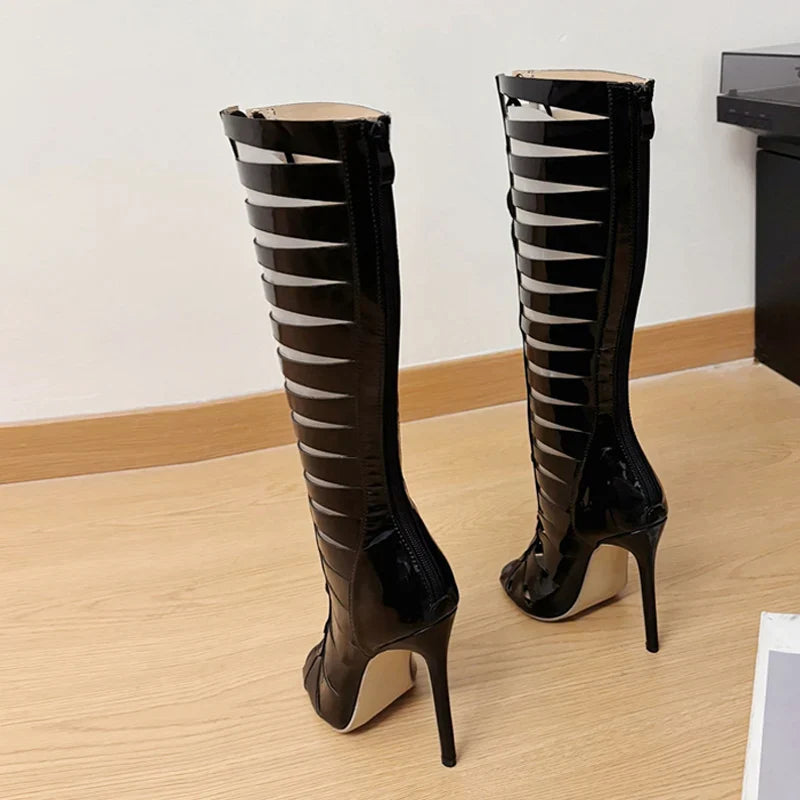 LadyShow women's knee-high boots with cross straps, peep toe, zipper, and sexy heel design, perfect for stylish occasions.