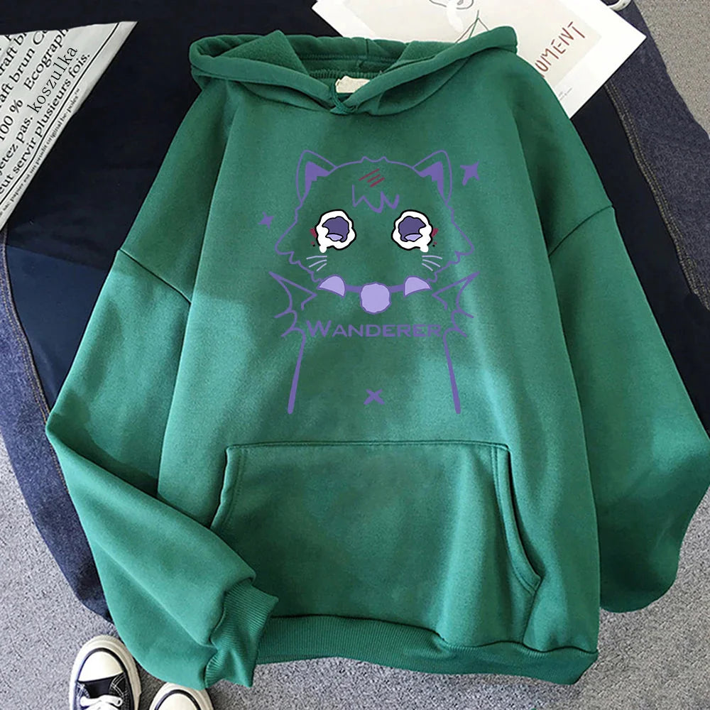 Genshin Impact Scaramouche cat hoodie from FitiqueFit, featuring a colorful streetwear design with cat-themed graphics.
