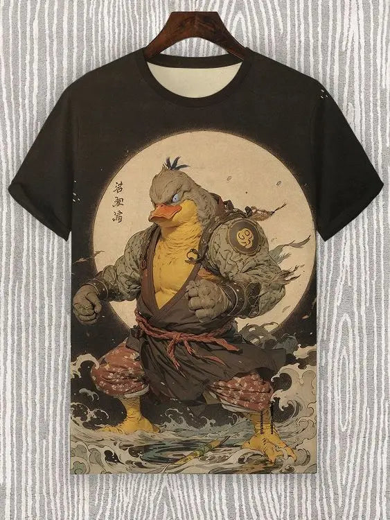 Samurai Cat graphic T-shirt by FitiqueFit, Japanese style streetwear with a 3D print of a fierce cat in traditional armor.
