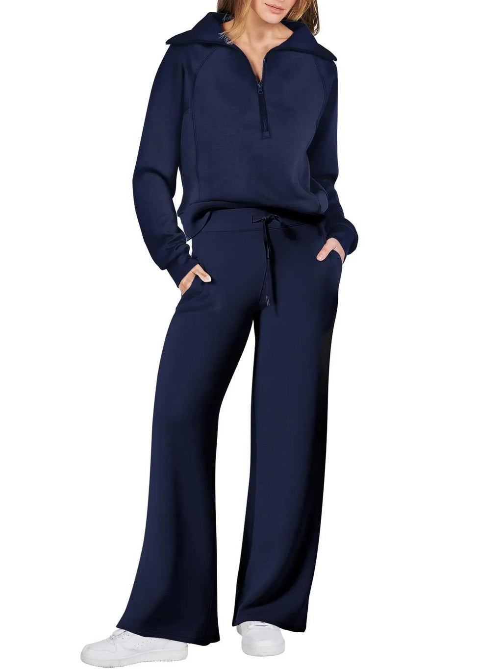 Women two-piece sweatshirt and wide-leg pants set from Plush Fashion Hub, shown in a stylish, comfortable casual outfit.