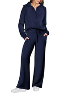 Women two-piece sweatshirt and wide-leg pants set from Plush Fashion Hub, shown in a stylish, comfortable casual outfit.