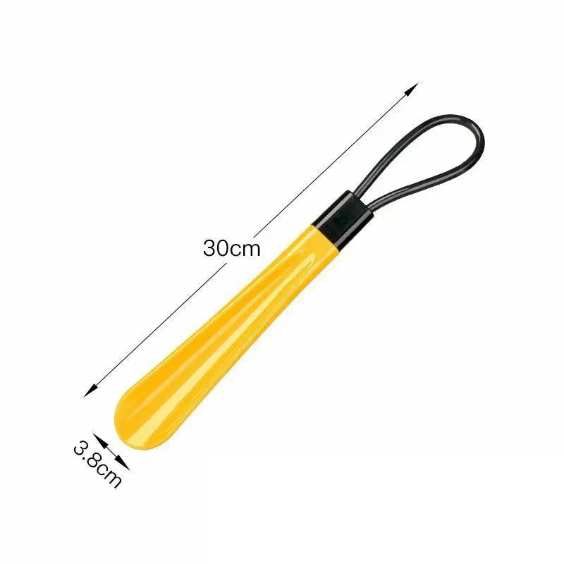 Flexible plastic shoe horn from Plush Fashion Hub, extra long, durable, no bending needed, ideal for pregnant women and shoe assistance.