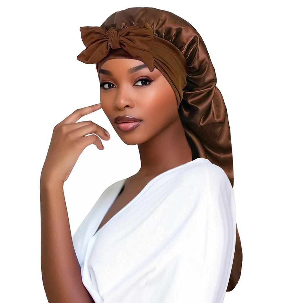 Plush Fashion Hub satin women’s sleep bonnet with long tail braid cover, ideal for night sleep, shower, sauna, or bathing.