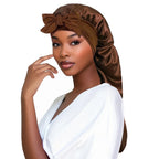 Plush Fashion Hub satin women’s sleep bonnet with long tail braid cover, ideal for night sleep, shower, sauna, or bathing.