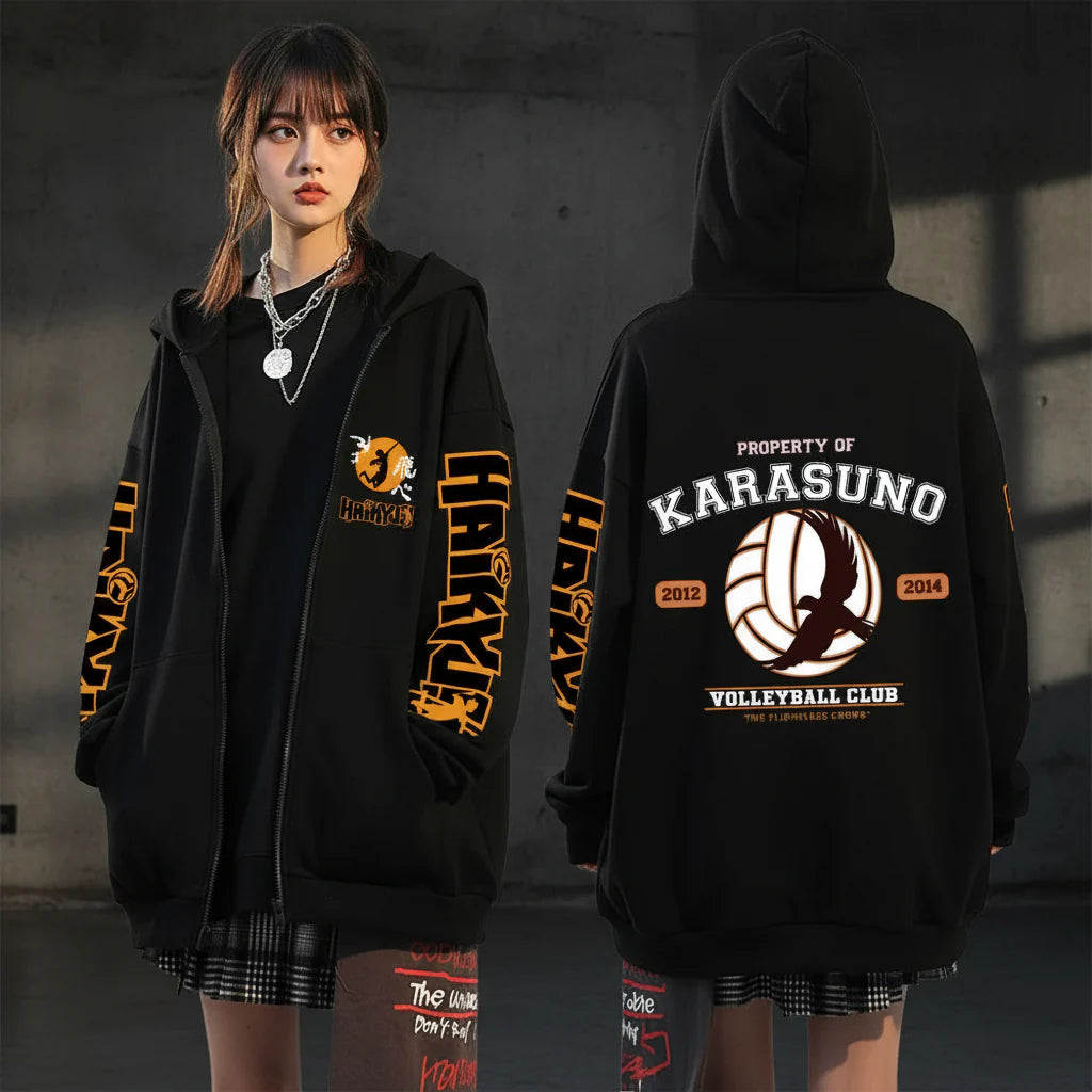 Unisex Haikyuu!! Karasuno High School hoodie by FitiqueFit, featuring anime streetwear style with zip-up design and team logo.