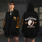 Unisex Haikyuu!! Karasuno High School hoodie by FitiqueFit, featuring anime streetwear style with zip-up design and team logo.