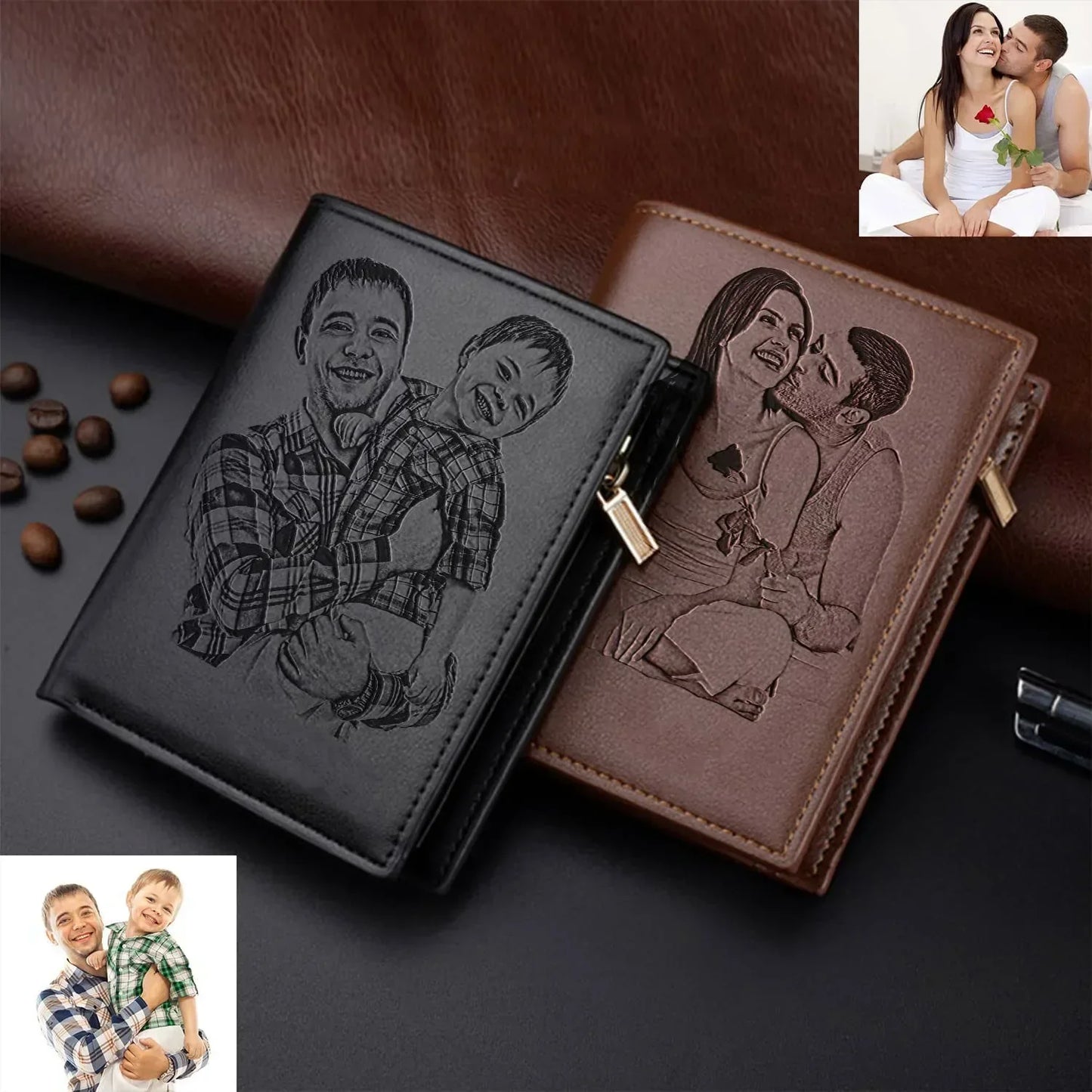 Personalized men's wallet from Plush Fashion Hub featuring custom photo insert and sleek leather design.