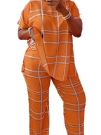 Plus size women’s striped grid printed casual two-piece set with round neck from Plush Fashion Hub, featuring a stylish and comfortable design.