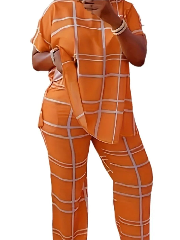Plus size women’s striped grid printed casual two-piece set with round neck from Plush Fashion Hub, featuring a stylish and comfortable design.