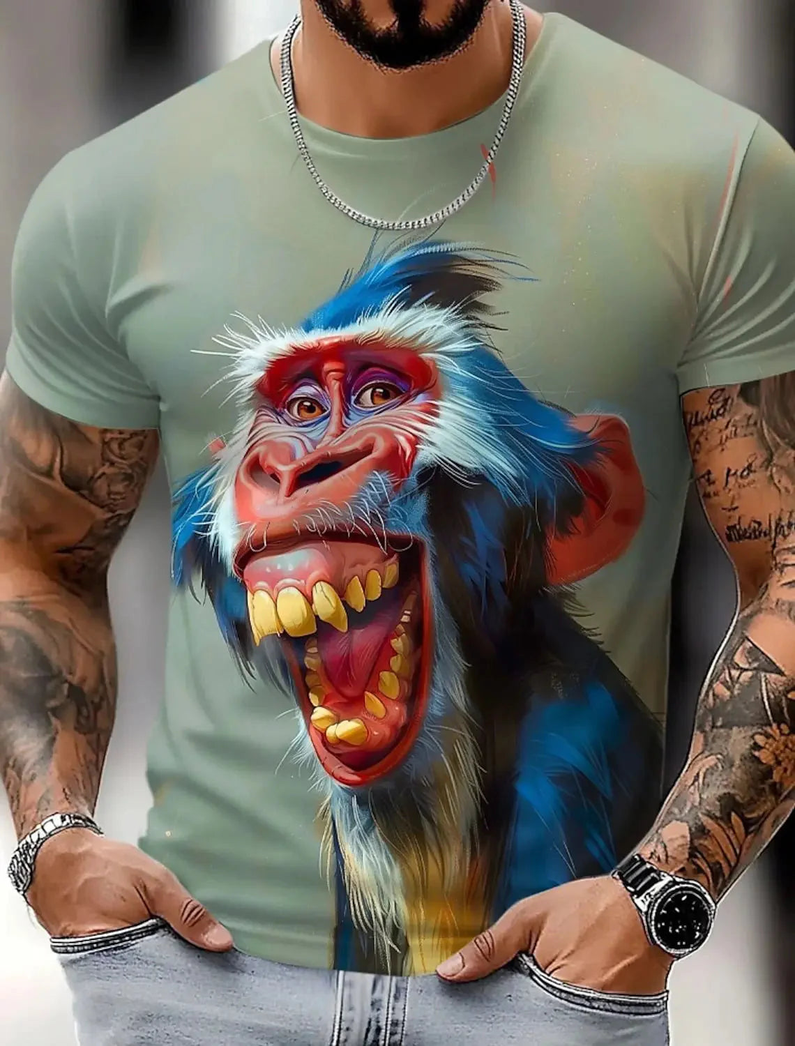 Bright 3D animal print funny T-shirt by FitiqueFit featuring bold summer streetwear style with colorful animal graphics.