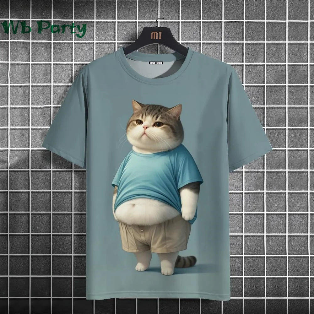 Pink cat print Y2K graphic T-shirt from Plush Fashion Hub, trendy streetwear shirt with colorful feline design.