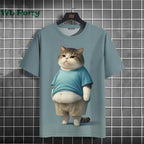 Pink cat print Y2K graphic T-shirt from Plush Fashion Hub, trendy streetwear shirt with colorful feline design.