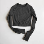 Seamless women’s yoga crop top in activewear style, made by Plush Fashion Hub, shown in a neutral color with a fitted design.