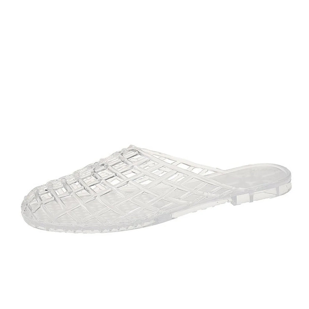LadyShow.Store summer ladies flat-bottom jelly sandals with crystal accents, breathable plastic beach slippers, slip-on style, comfortable footwear
