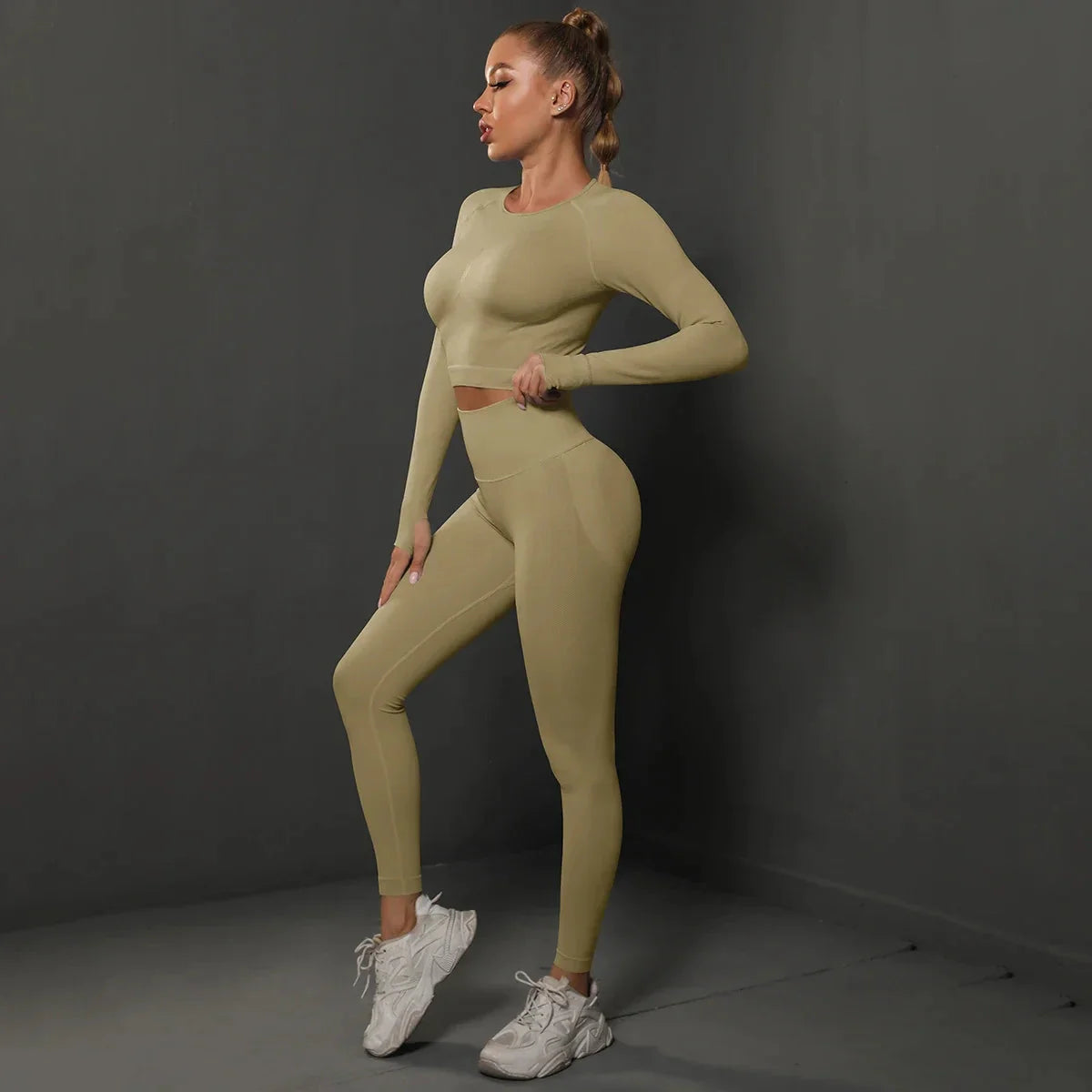 Women's seamless long sleeve yoga top by Plush Fashion Hub, shown in soft stretch fabric, ideal for activewear and yoga practice.
