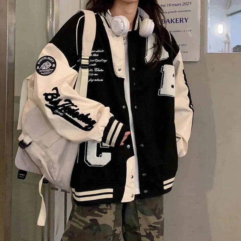 Oversized Y2K lamb-wool bomber jacket for women in streetwear style, featuring a cozy, plush texture and trendy fit from FitiqueFit.