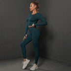 Women’s seamless long sleeve yoga top by Plush Fashion Hub, featuring a fitted, breathable activewear design in soft fabric.