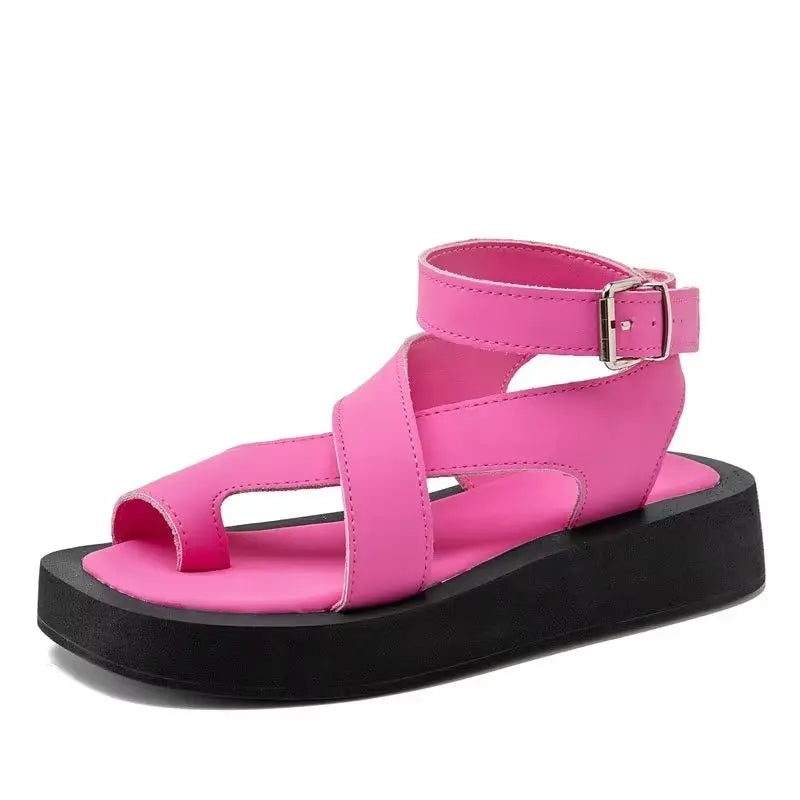 AIYUQI genuine leather women's summer clip toe sandals with Roman-style design, featuring muffin-style sole and open toe.