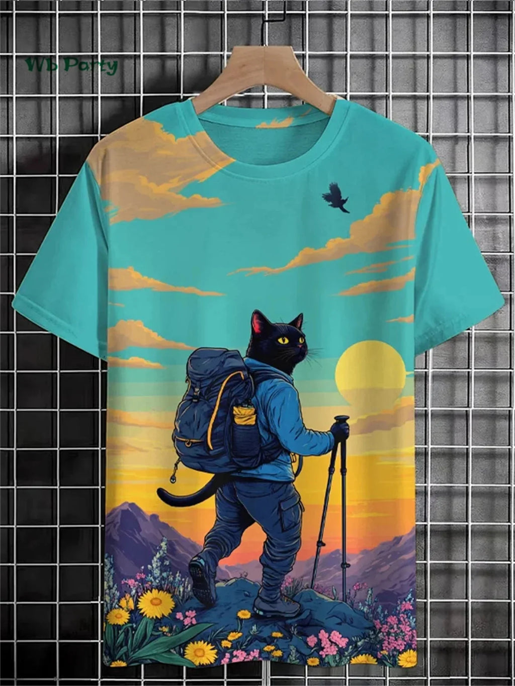 Colorful 3D travel cat print T-shirt from Plush Fashion Hub, featuring playful summer streetwear style with vibrant feline artwork.