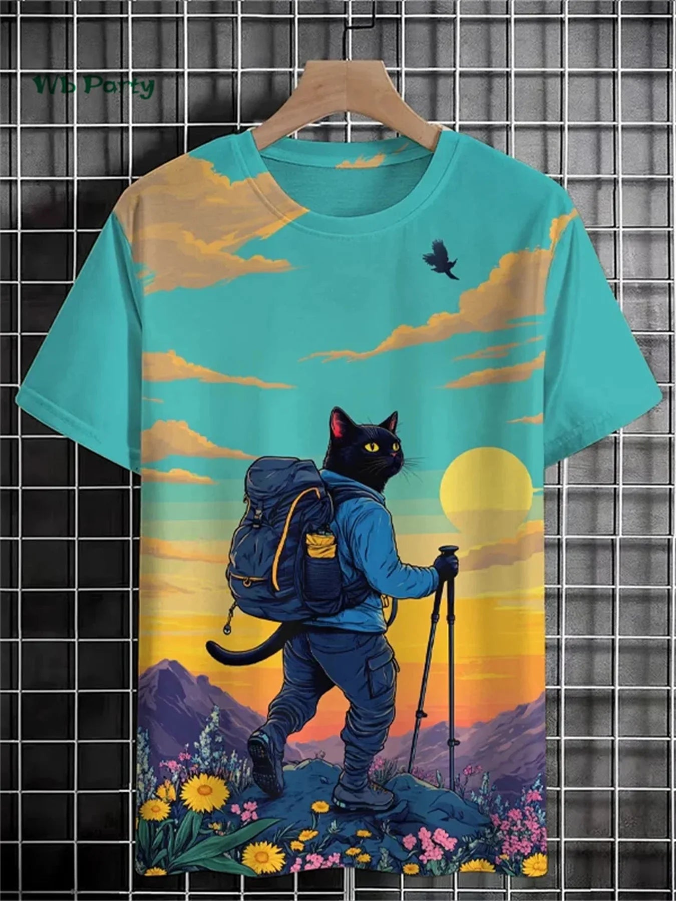 Colorful 3D travel cat print T-shirt from Plush Fashion Hub, featuring playful summer streetwear style with vibrant feline artwork.