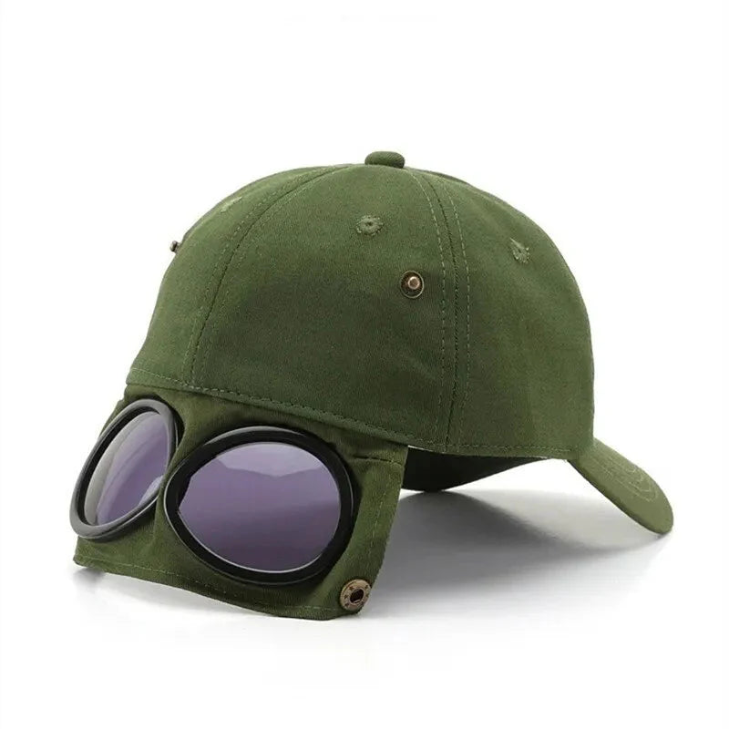 Unisex Aviator Baseball Cap by FitiqueFit with built-in sunglasses, summer hat featuring adjustable strap and sporty design.