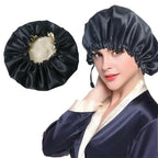 Luxurious silk satin hair bonnet and shower cap by Plush Fashion Hub, dual-use scalp protection for delicate hair care.
